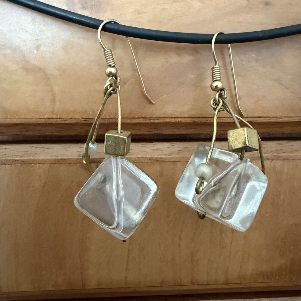 Vtg Artisan Acrylic Clear Cube Dangle Earrings Silver Tone 2.5" Dangle Chunky